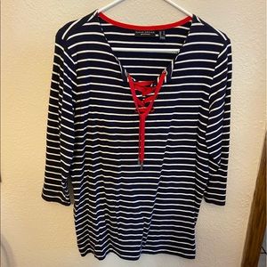 Striped top with cross crossed neckline